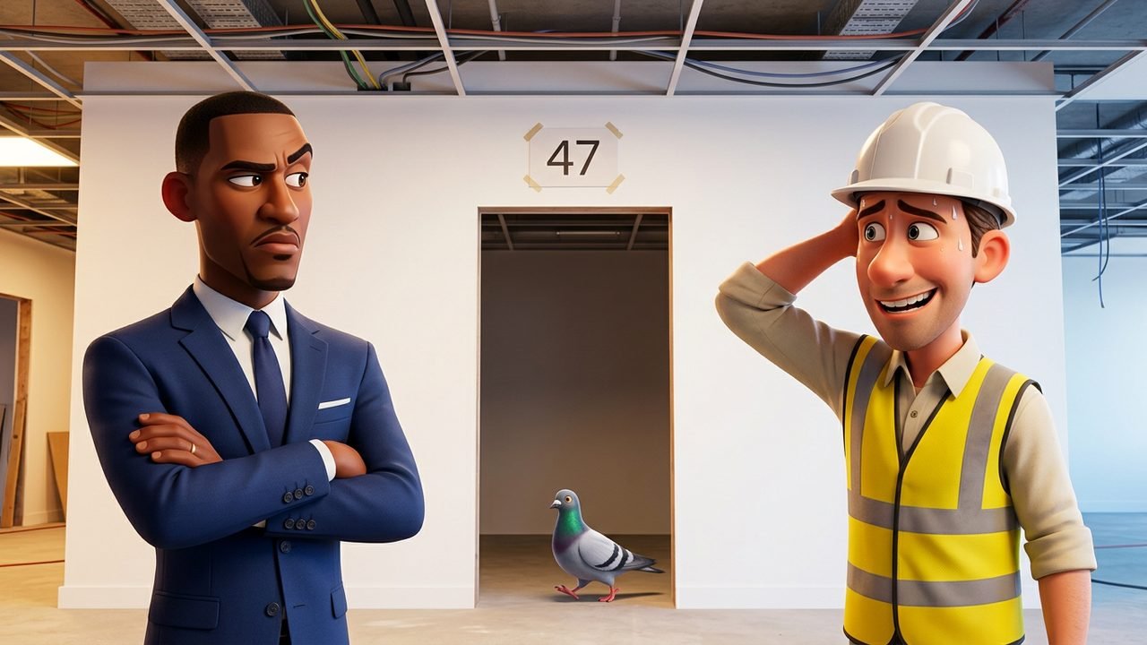 An unimpressed client stares at an empty door opening while the site manager grins awkwardly and a pigeon walks through
