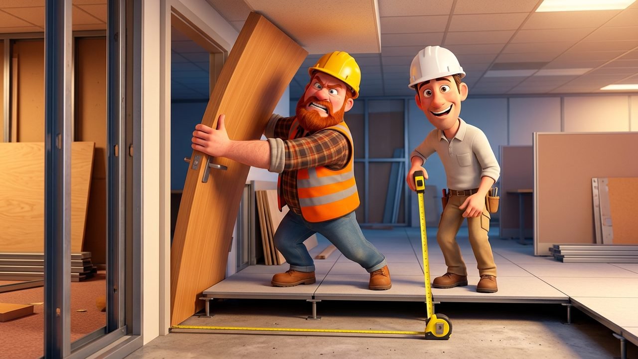 A furious joiner forces a too-tall door into its opening while a grinning dryliner measures down to the screed